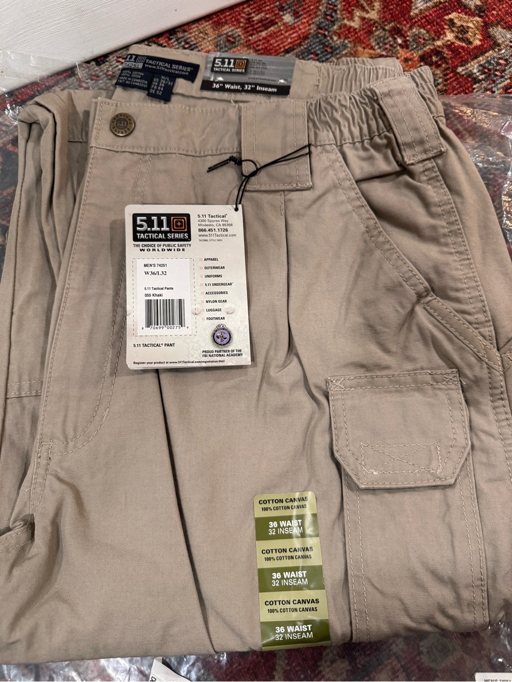 NWT 5.11 Tactical Pants Men 36x32 Khaki 100% Cotton Canvas Cargo 74251 New